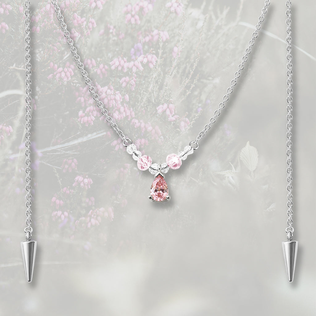 Catena per il viso con nasello con perline e goccia pendente di Zirconia Cubica rosa, placcata in oro 18k o platino