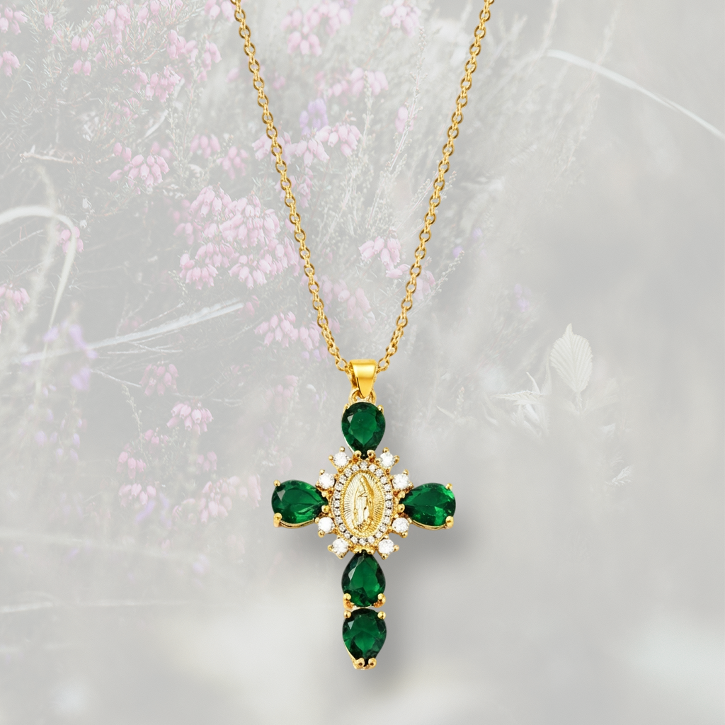 Collana con Croce pendente misura grande, con Zirconia Cubica colorata placcata in oro 18k