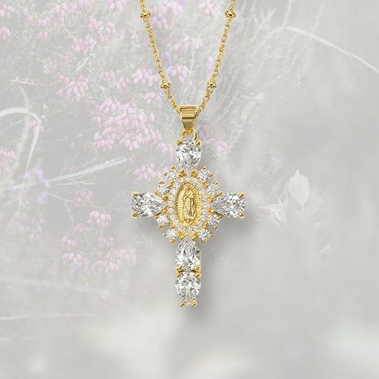Collana con Croce pendente misura media, con Zirconia Cubica colorata placcata in oro 18k
