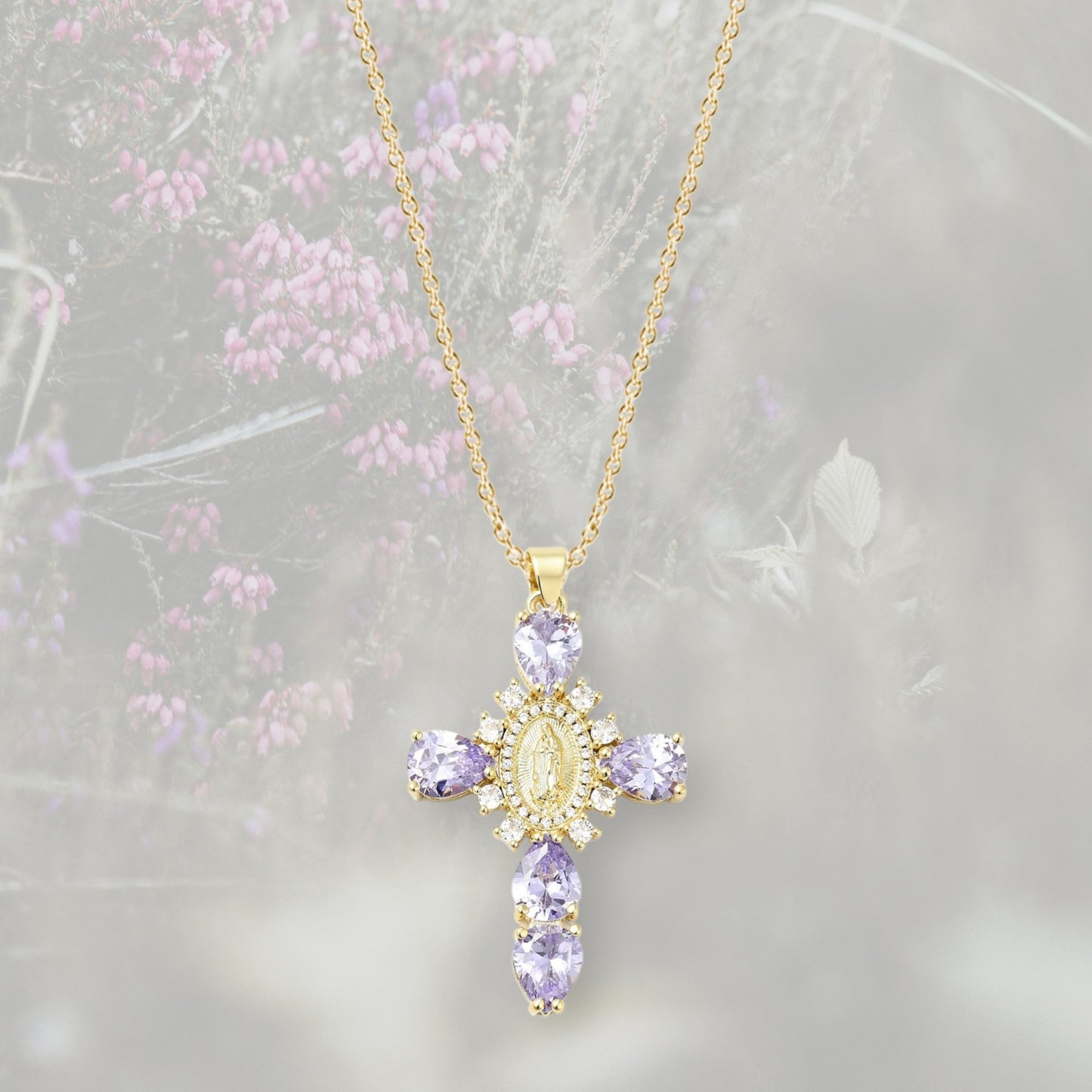 Collana con Croce pendente misura grande, con Zirconia Cubica colorata placcata in oro