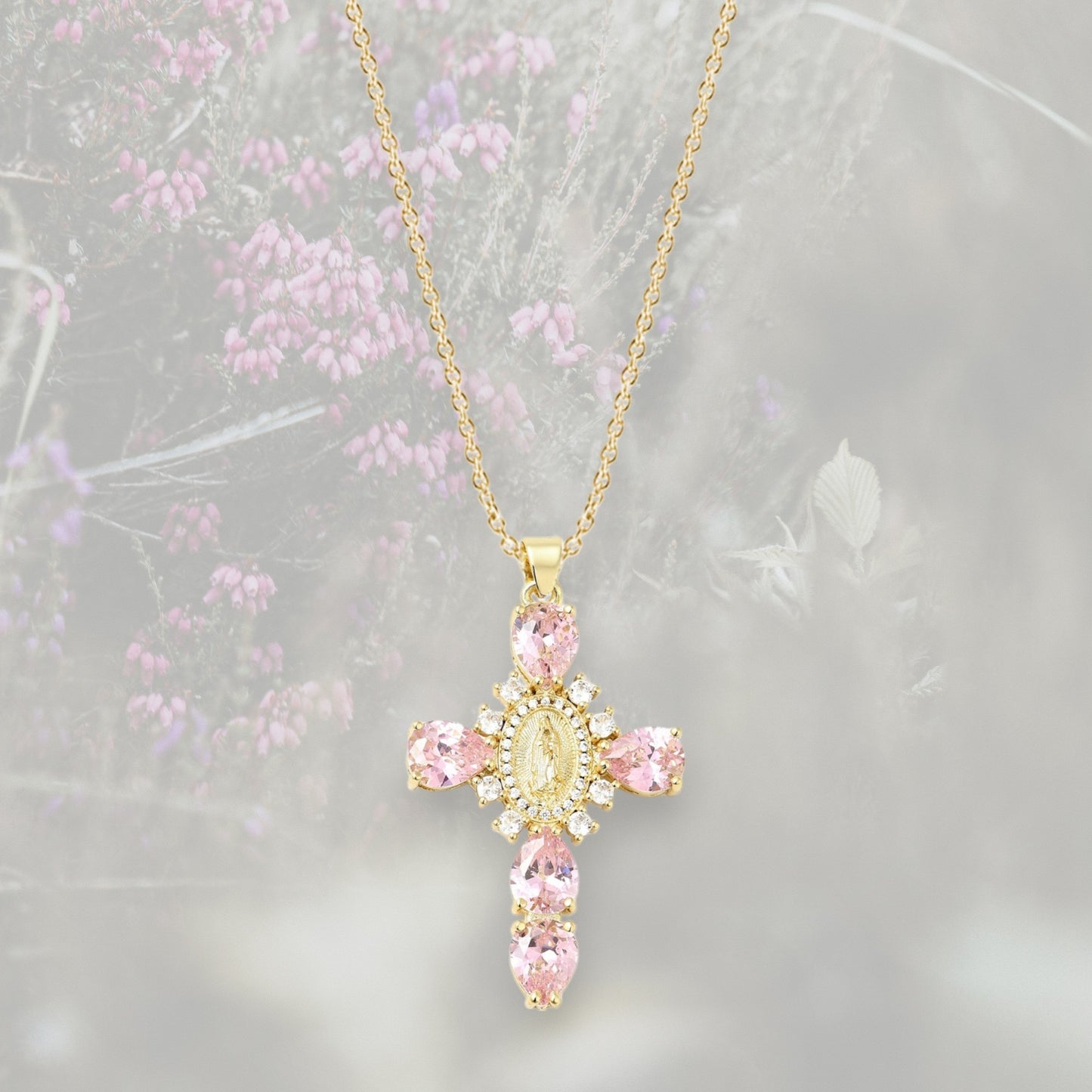Collana con Croce pendente misura grande, con Zirconia Cubica colorata placcata in oro