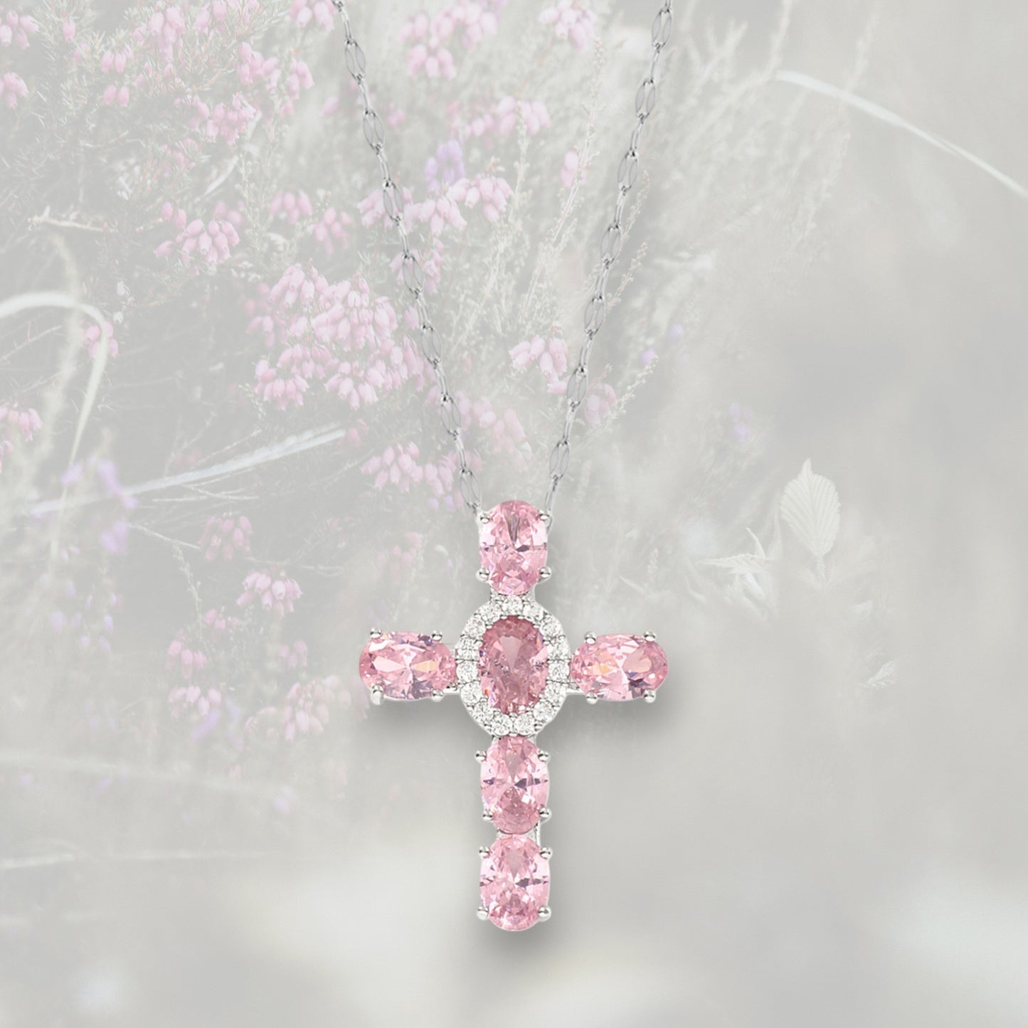 Collana con Croce con Zirconia Cubica taglio ovale placcato platino