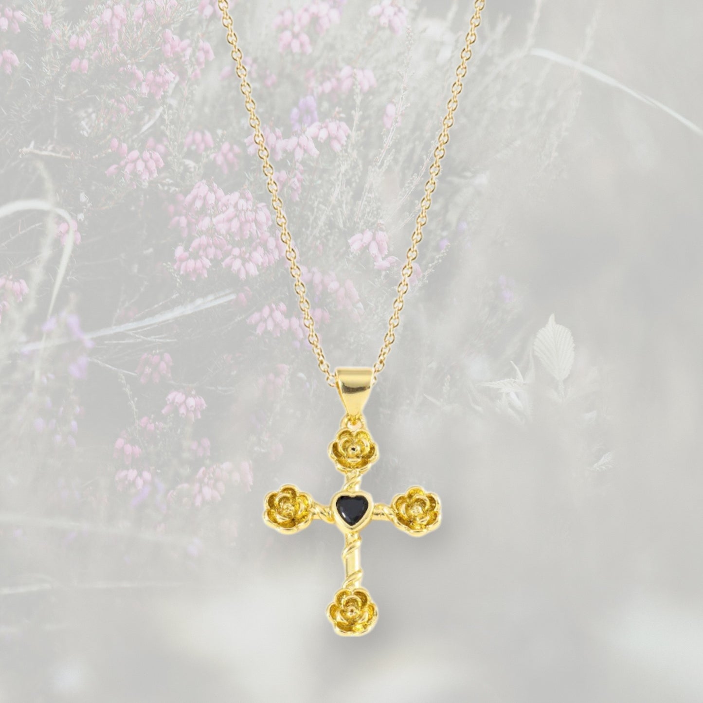 Ciondolo Croce con rose con Zirconia Cubica placcato in oro