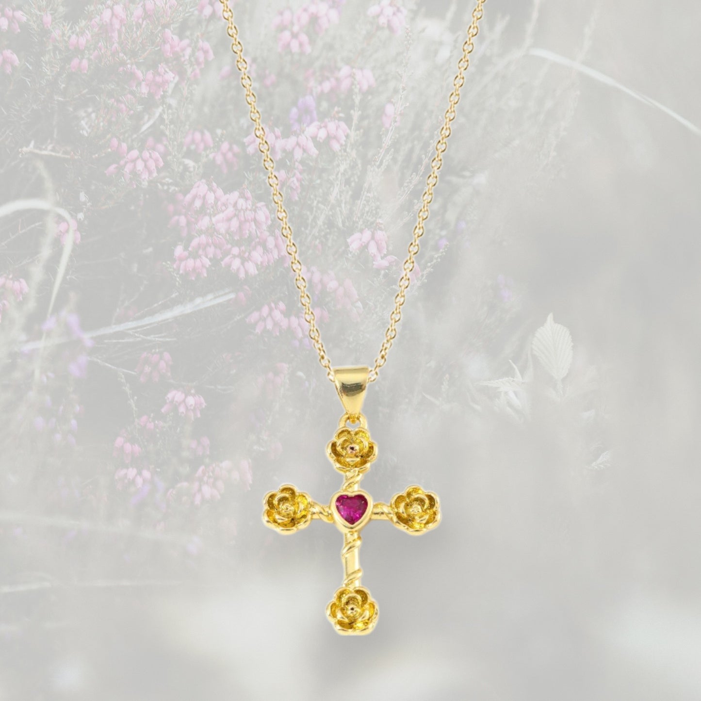 Ciondolo Croce con rose con Zirconia Cubica placcato in oro