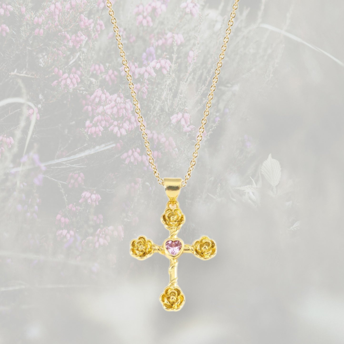 Ciondolo Croce con rose con Zirconia Cubica placcato in oro