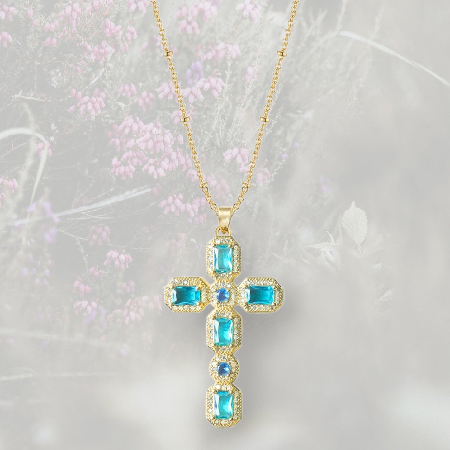 Collana con Croce colorata pendente grande, con Zirconia Cubica placcata in oro