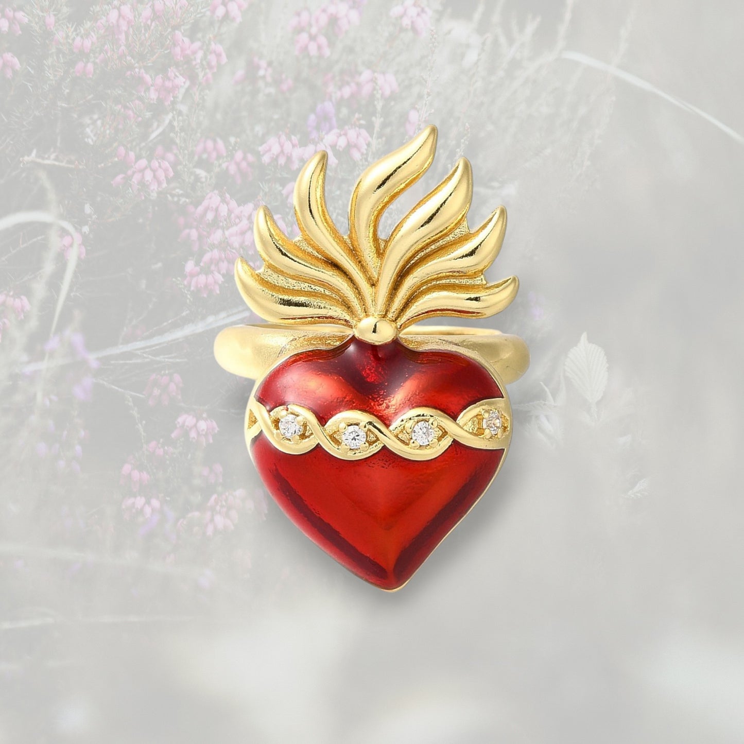 Anello Cuore Sacro / Ex Voto con smalto rosso e placcatura oro