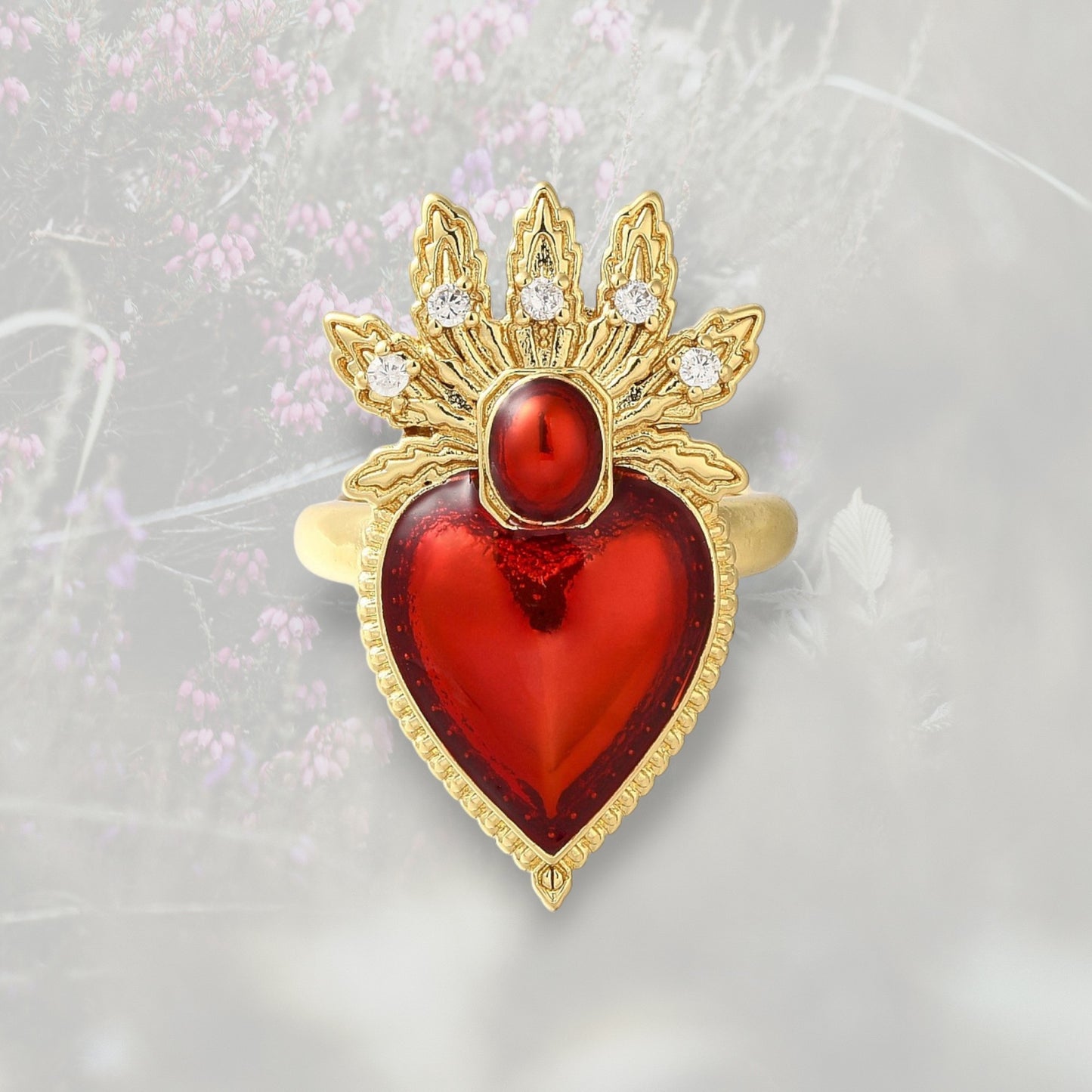 Anello Cuore Sacro / Ex Voto con smalto rosso e placcatura oro