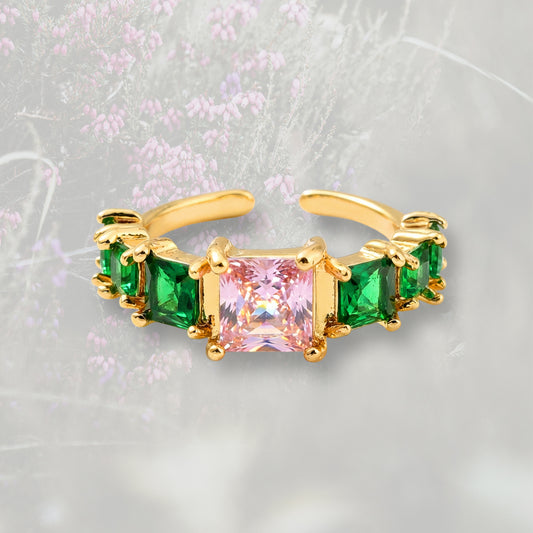 Anello con Zirconia Cubica verde e centrale rosa, placcato oro 18k