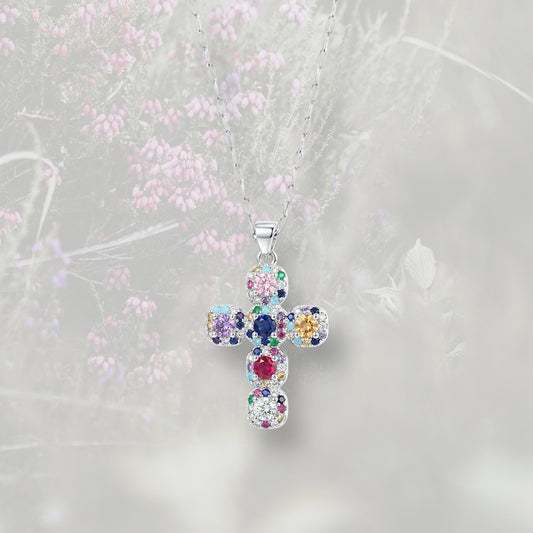 Collana con Croce geometrica di Zirconia Cubica multicolor, placcata oro 18k o platino