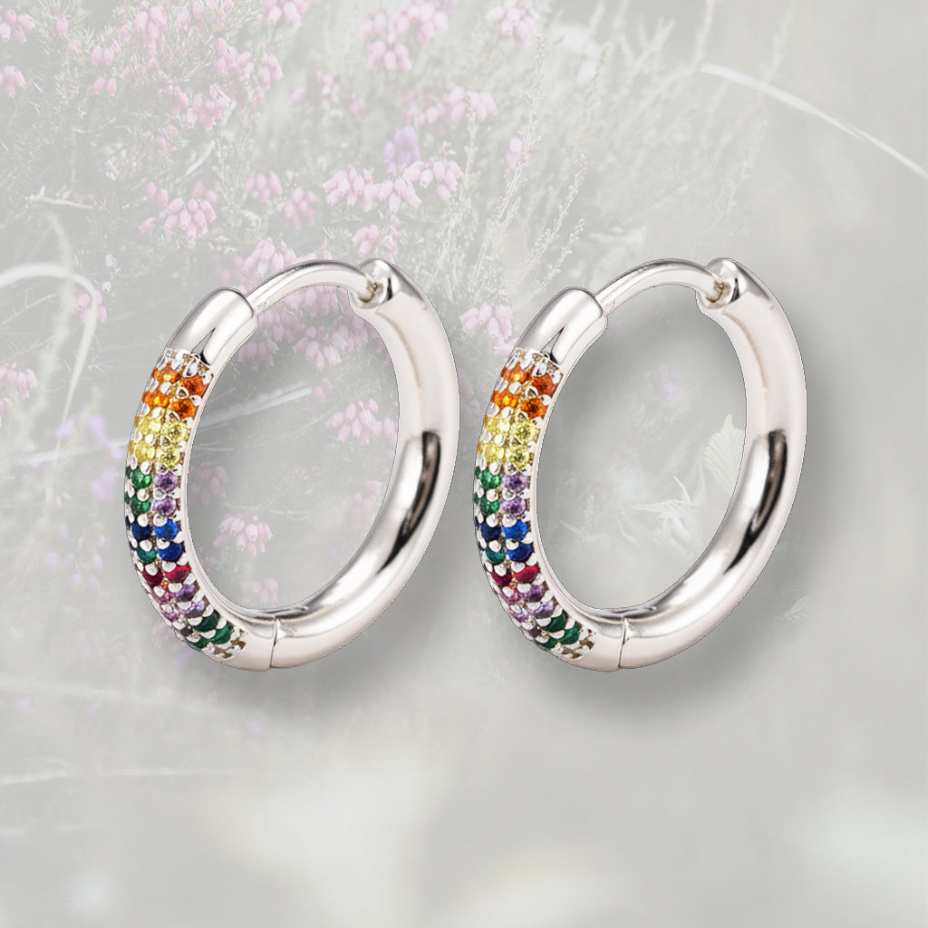 Orecchini a cerchietto con pavè di Zirconia Cubica arcobaleno, placcato in oro 18k o platino