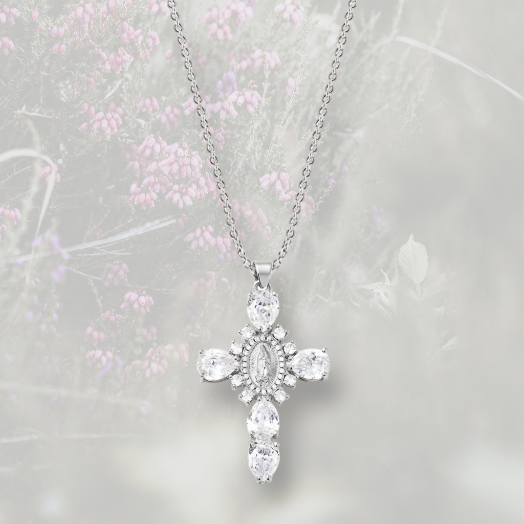 Collana con Croce pendente misura grande, con Zirconia Cubica placcata in oro 18k o platino