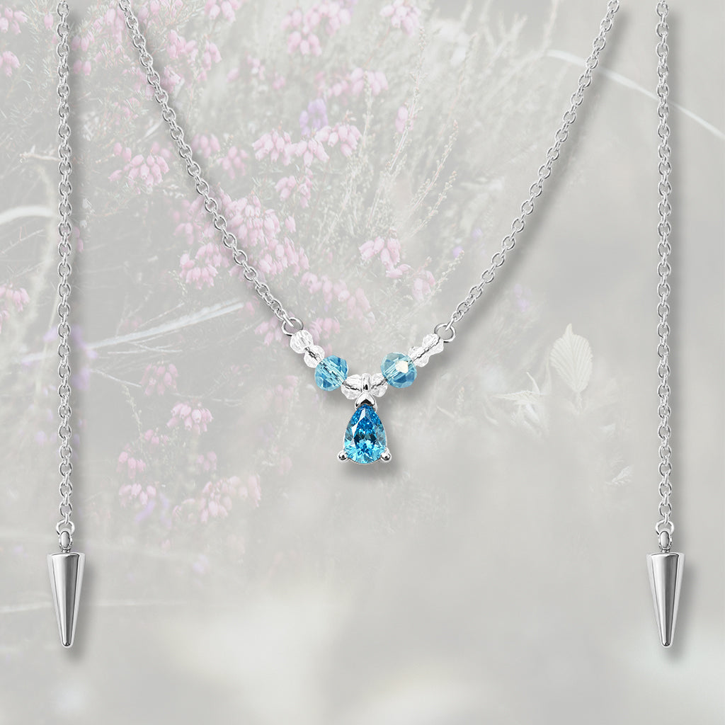 Catena per il viso con nasello con perline e goccia pendente di Zirconia Cubica azzurra, placcata in oro 18k o platino