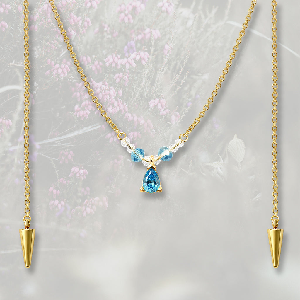 Catena per il viso con nasello con perline e goccia pendente di Zirconia Cubica azzurra, placcata in oro 18k o platino