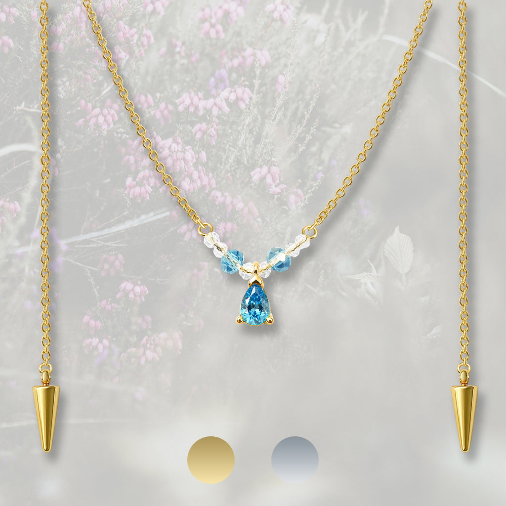 Catena per il viso con nasello con perline e goccia pendente di Zirconia Cubica azzurra, placcata in oro 18k o platino