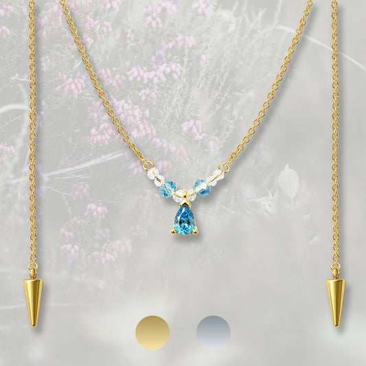 Catena per il viso con nasello con perline e goccia pendente di Zirconia Cubica azzurra, placcata in oro 18k o platino