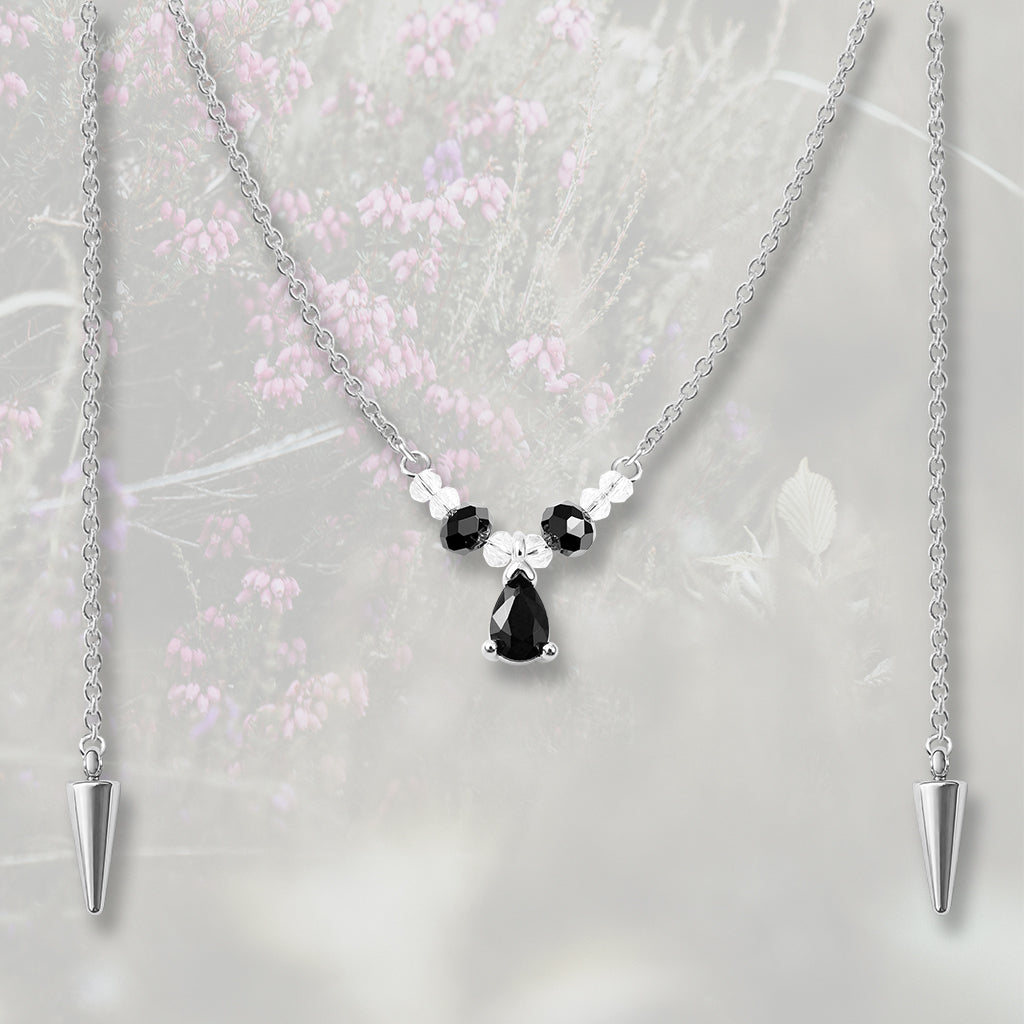 Catena per il viso con nasello con perline e goccia pendente di Zirconia Cubica nera, placcata in oro 18k o platino