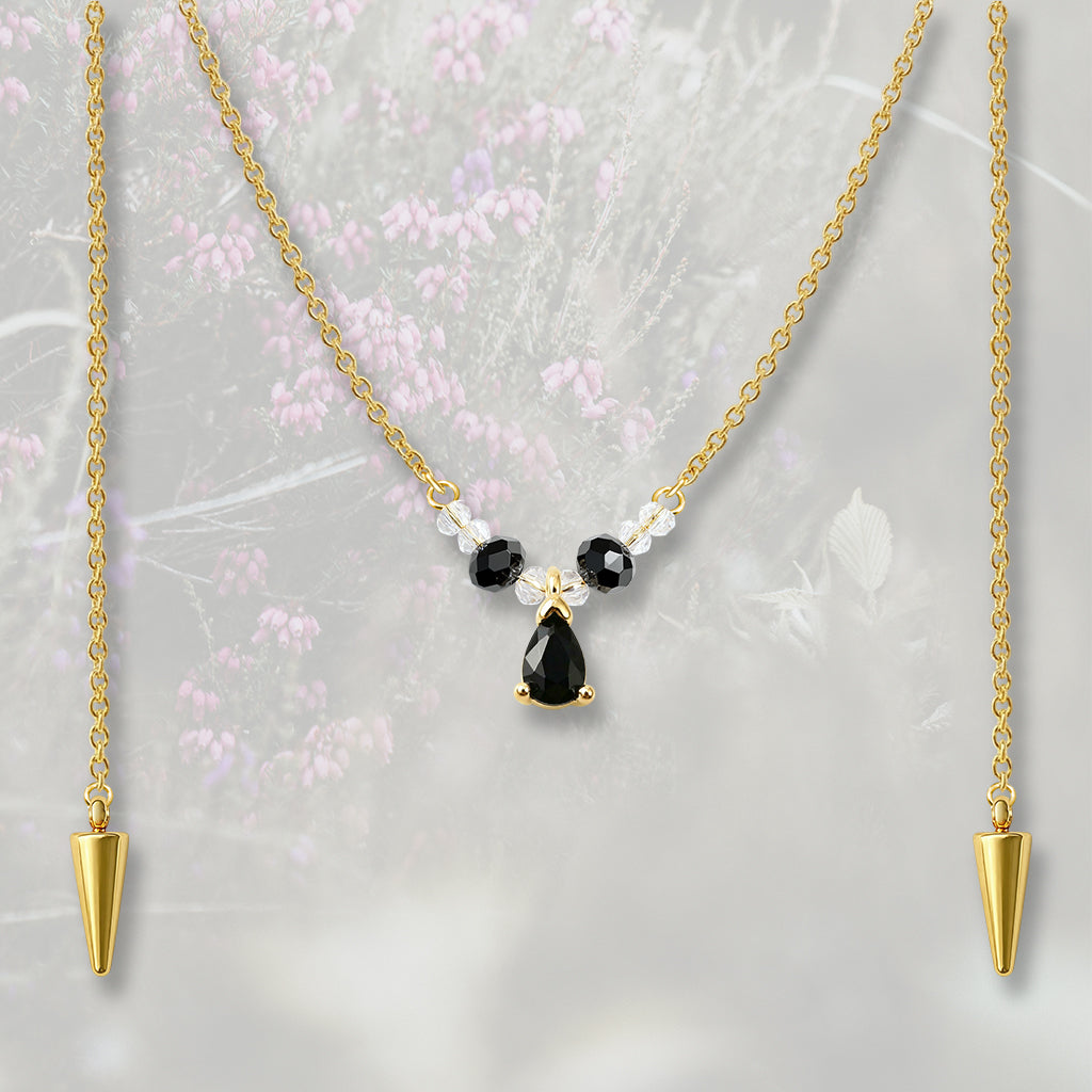 Catena per il viso con nasello con perline e goccia pendente di Zirconia Cubica nera, placcata in oro 18k o platino