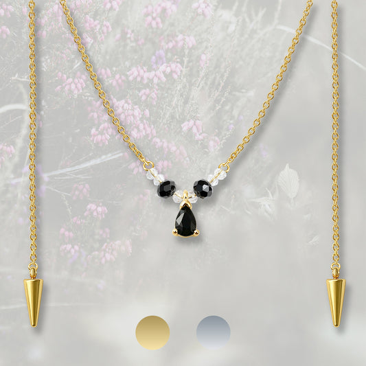 Catena per il viso con nasello con perline e goccia pendente di Zirconia Cubica nera, placcata in oro 18k o platino