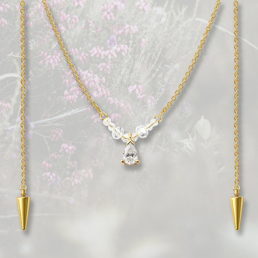 Catena per il viso con nasello con perline e goccia pendente di Zirconia Cubica bianca, placcata in oro 18k o platino