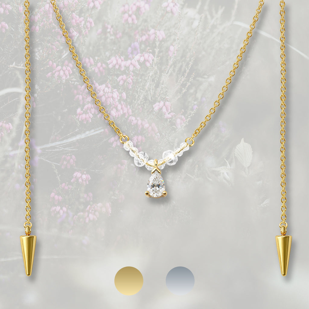 Catena per il viso con nasello con perline e goccia pendente di Zirconia Cubica bianca, placcata in oro 18k o platino