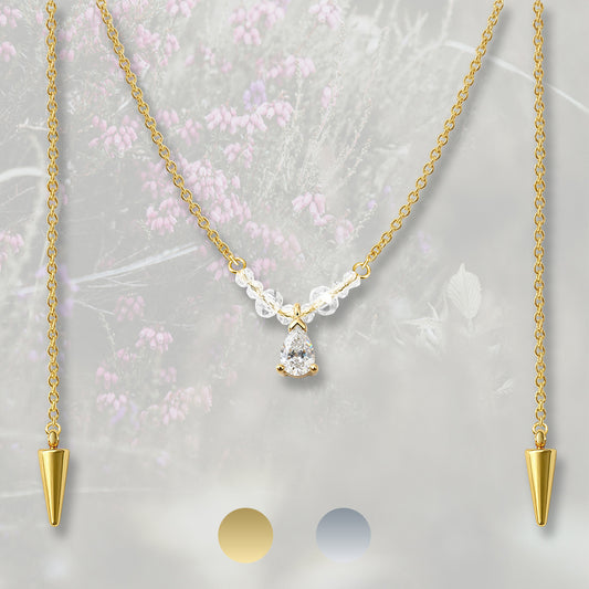 Catena per il viso con nasello con perline e goccia pendente di Zirconia Cubica bianca, placcata in oro 18k o platino