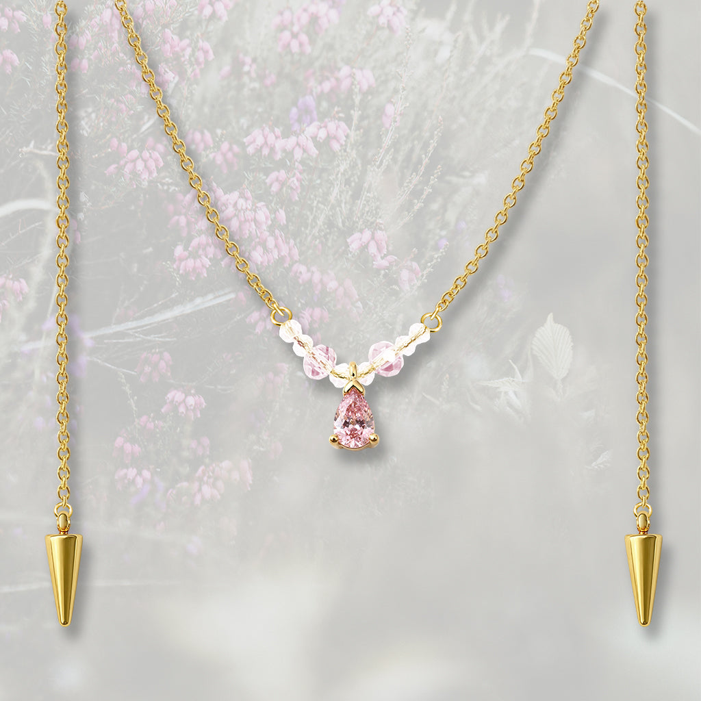 Catena per il viso con nasello con perline e goccia pendente di Zirconia Cubica rosa, placcata in oro 18k o platino