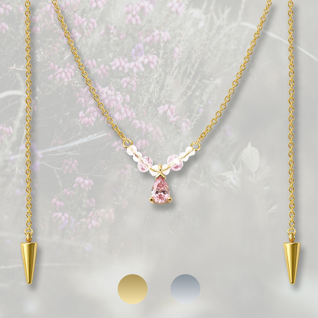 Catena per il viso con nasello con perline e goccia pendente di Zirconia Cubica rosa, placcata in oro 18k o platino