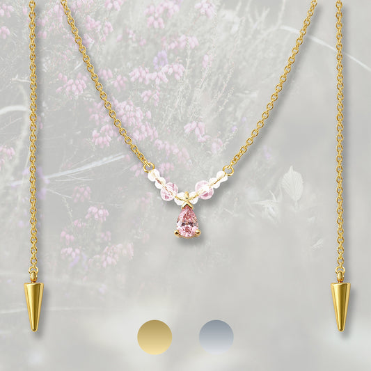 Catena per il viso con nasello con perline e goccia pendente di Zirconia Cubica rosa, placcata in oro 18k o platino
