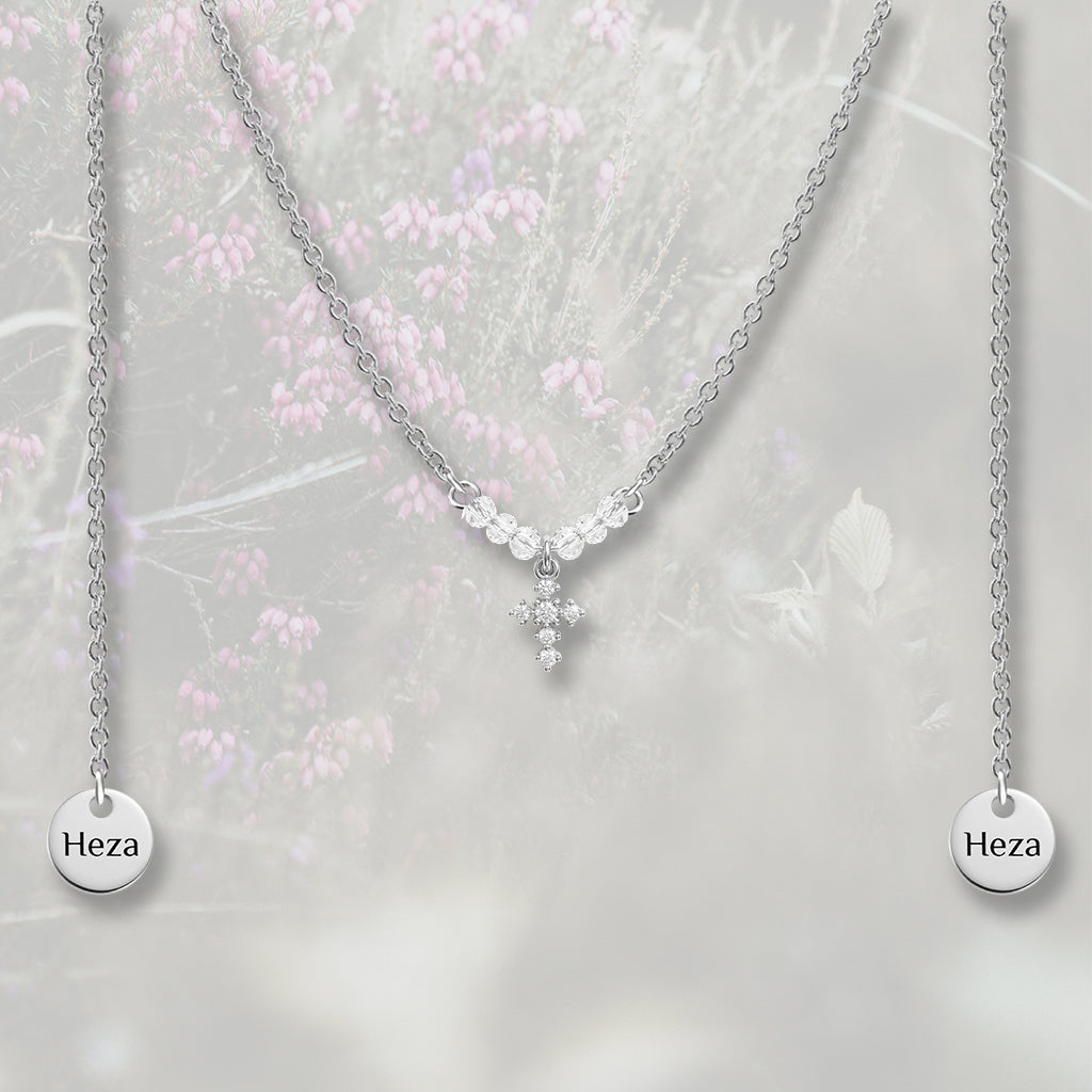 Catena per il viso con nasello con perline e crocina pendente di Zirconia Cubica, placcata in oro 18k o platino