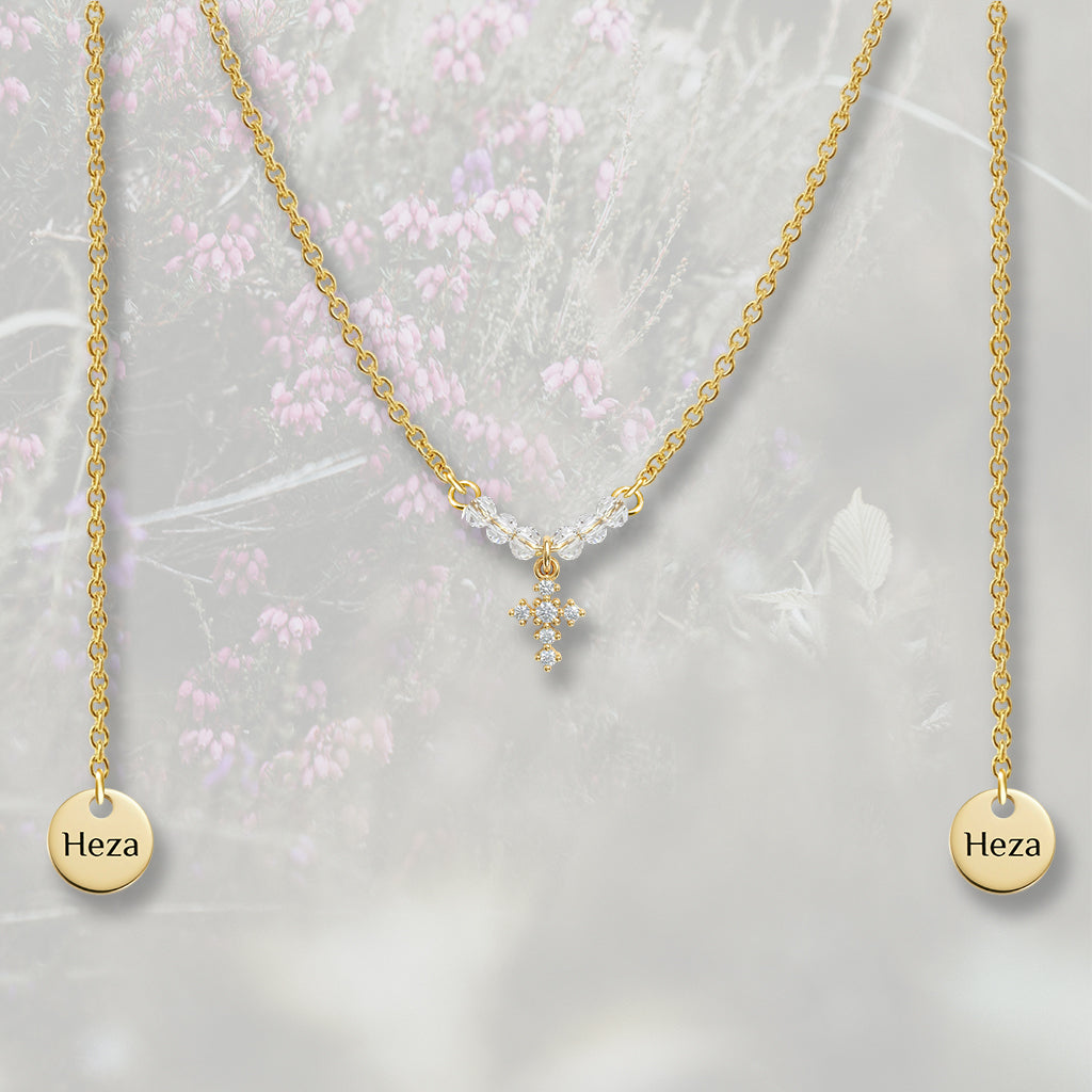 Catena per il viso con nasello con perline e crocina pendente di Zirconia Cubica, placcata in oro 18k o platino