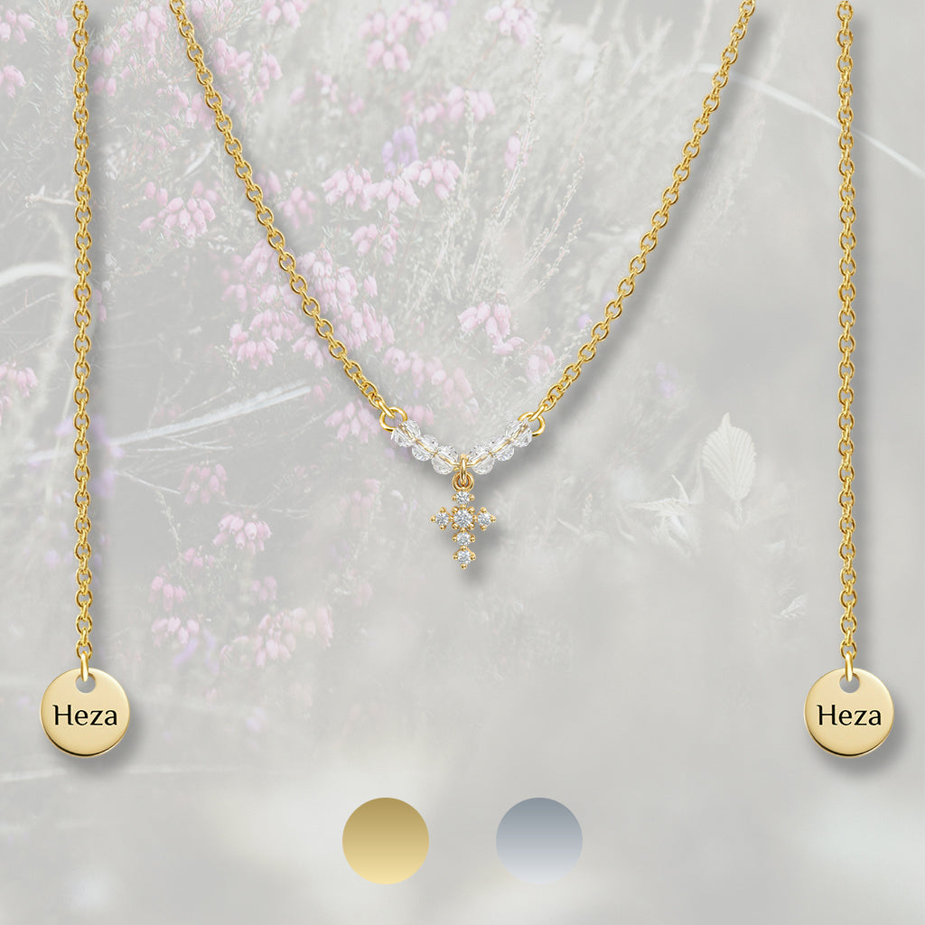Catena per il viso con nasello con perline e crocina pendente di Zirconia Cubica, placcata in oro 18k o platino