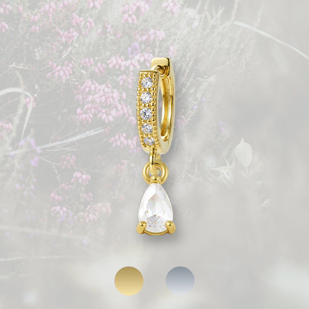 Orecchino a cerchietto con ciondolino in Zirconia Cubica taglio goccia, placcato in oro 18k o platino