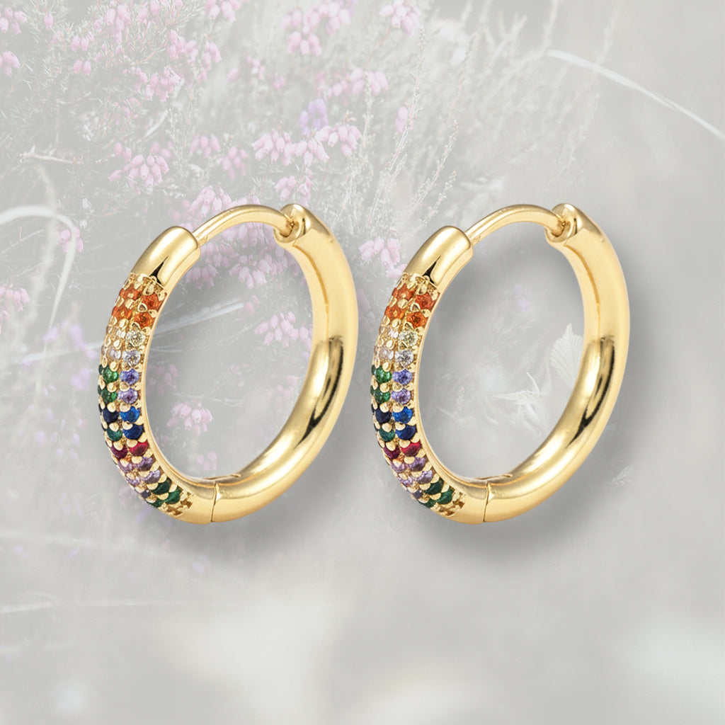 Orecchini a cerchietto con pavè di Zirconia Cubica arcobaleno, placcato in oro 18k o platino
