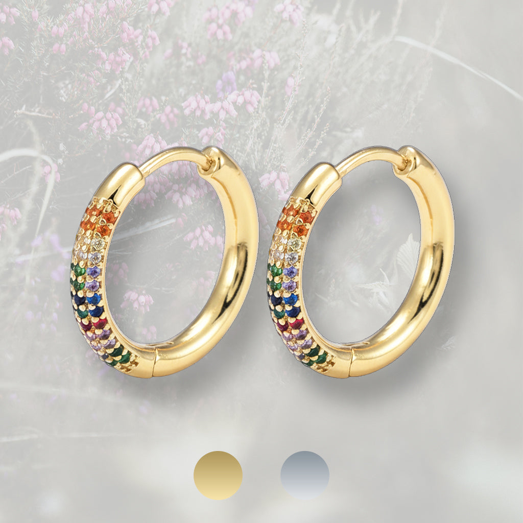 Orecchini a cerchietto con pavè di Zirconia Cubica arcobaleno, placcato in oro 18k o platino