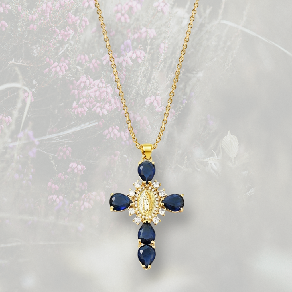 Collana con Croce pendente misura grande, con Zirconia Cubica colorata placcata in oro 18k