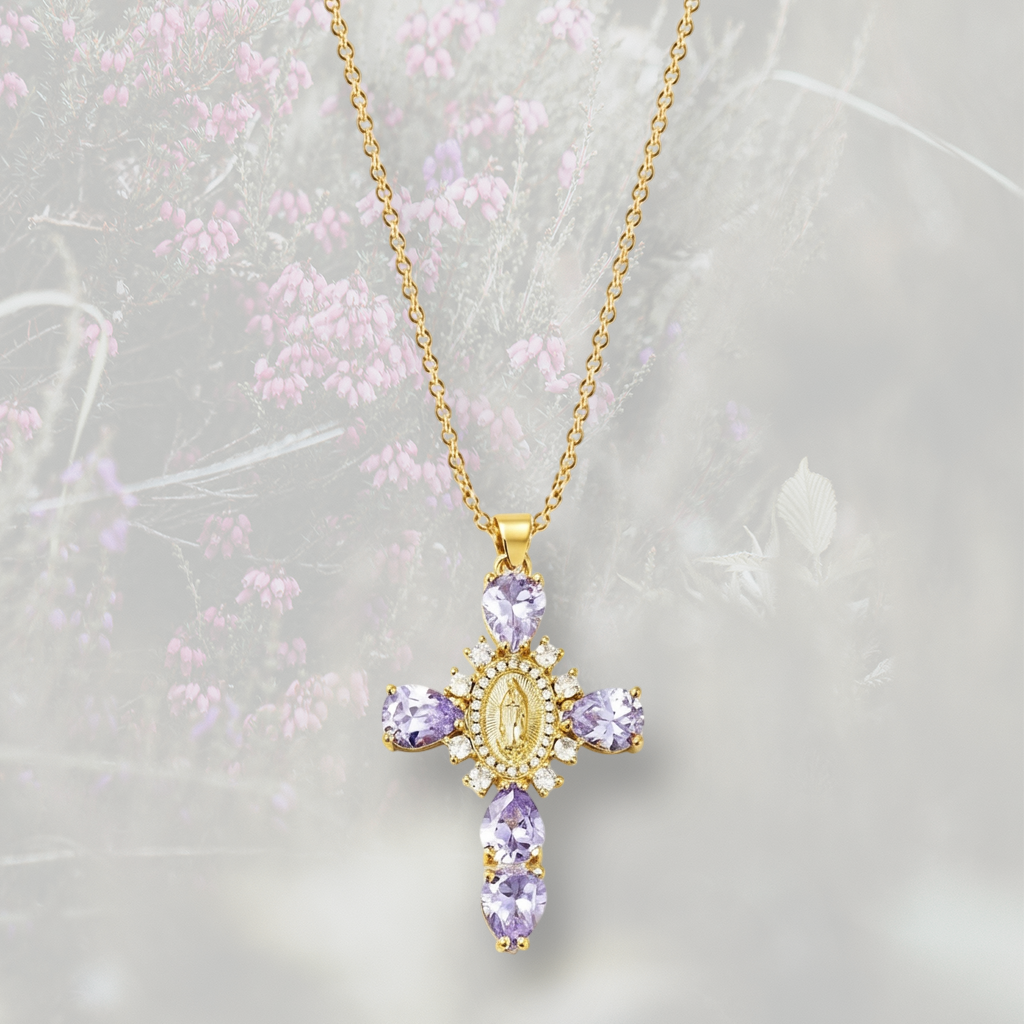 Collana con Croce pendente misura grande, con Zirconia Cubica colorata placcata in oro 18k