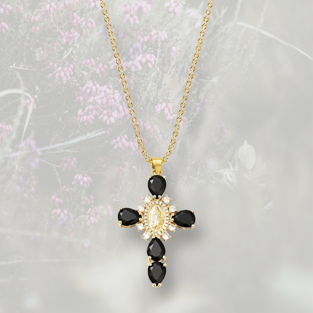 Collana con Croce pendente misura grande, con Zirconia Cubica colorata placcata in oro 18k