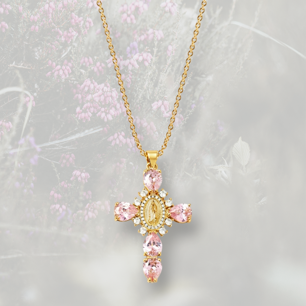 Collana con Croce pendente misura grande, con Zirconia Cubica colorata placcata in oro 18k