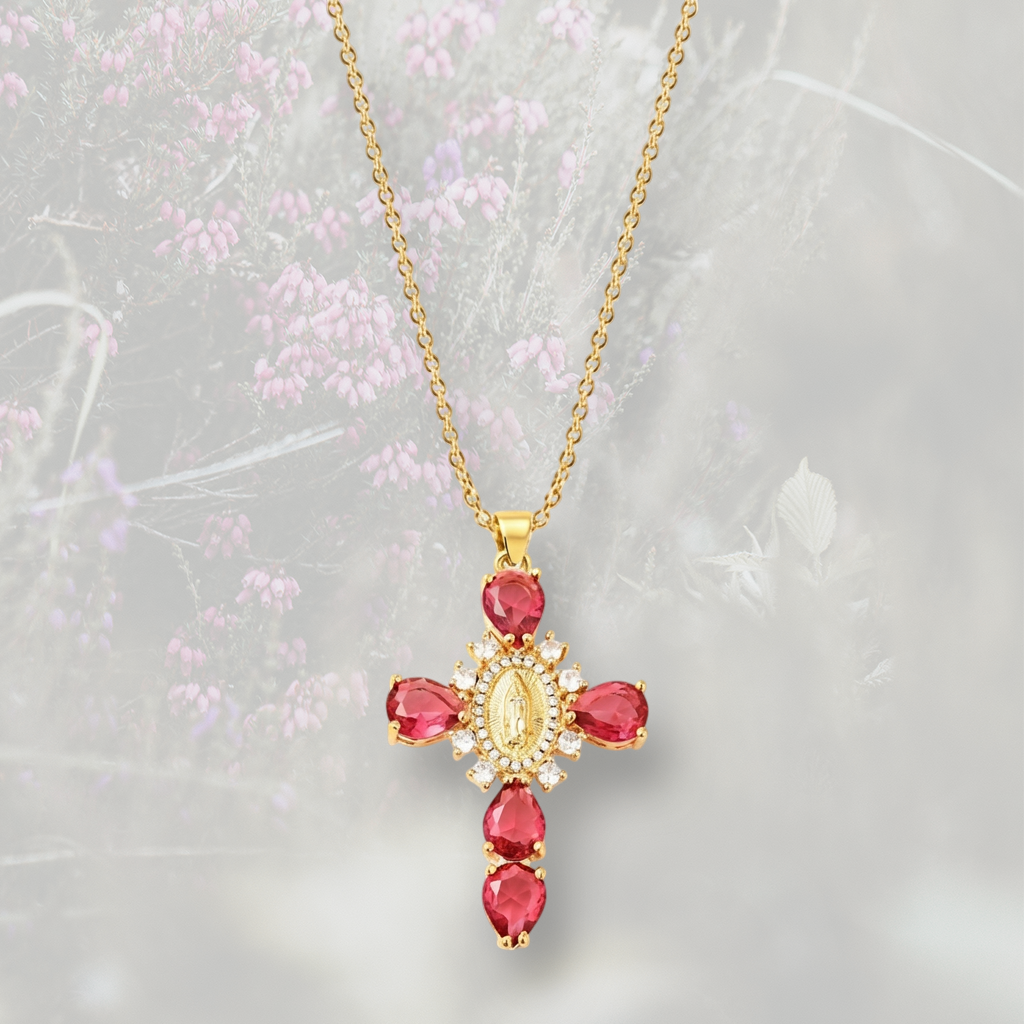 Collana con Croce pendente misura grande, con Zirconia Cubica colorata placcata in oro 18k