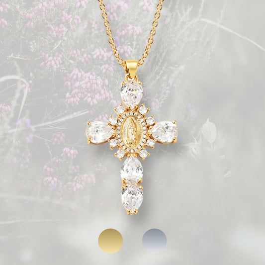 Collana con Croce pendente misura grande, con Zirconia Cubica placcata in oro 18k o platino