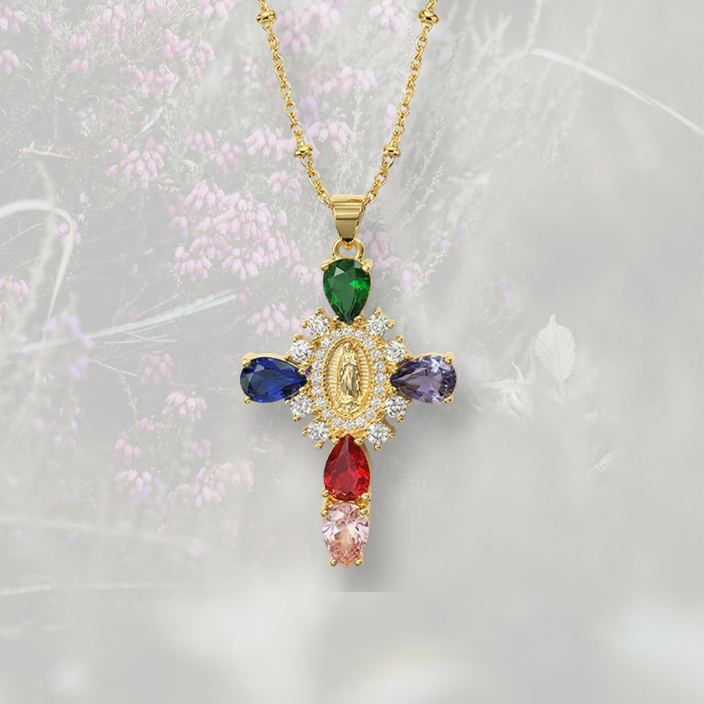 Collana con Croce pendente misura media, con Zirconia Cubica colorata placcata in oro 18k