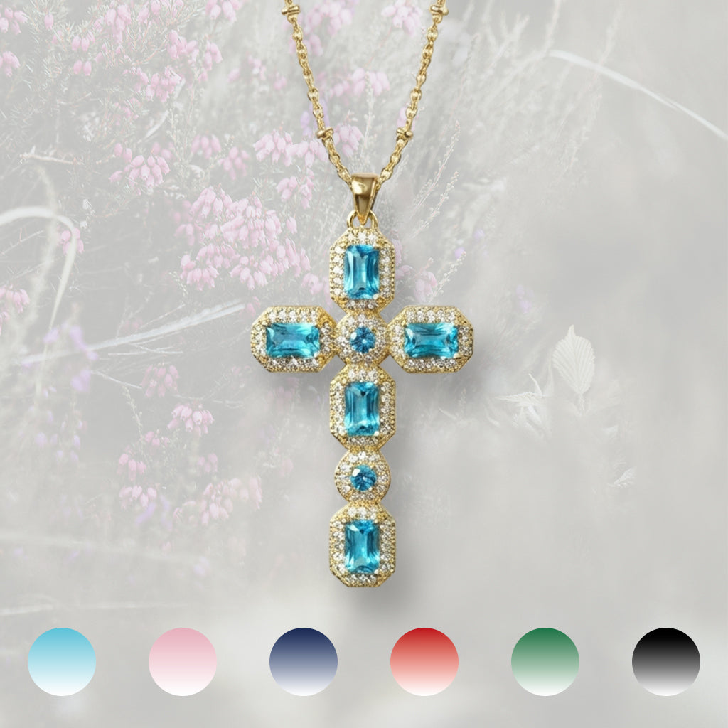 Collana con Croce colorata pendente grande, con Zirconia Cubica placcata in oro 18k