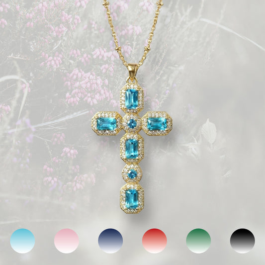 Collana con Croce colorata pendente grande, con Zirconia Cubica placcata in oro 18k