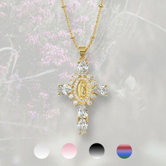 Collana con Croce pendente misura media, con Zirconia Cubica colorata placcata in oro 18k