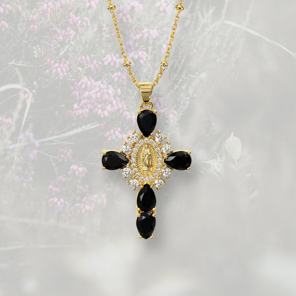 Collana con Croce pendente misura media, con Zirconia Cubica colorata placcata in oro 18k