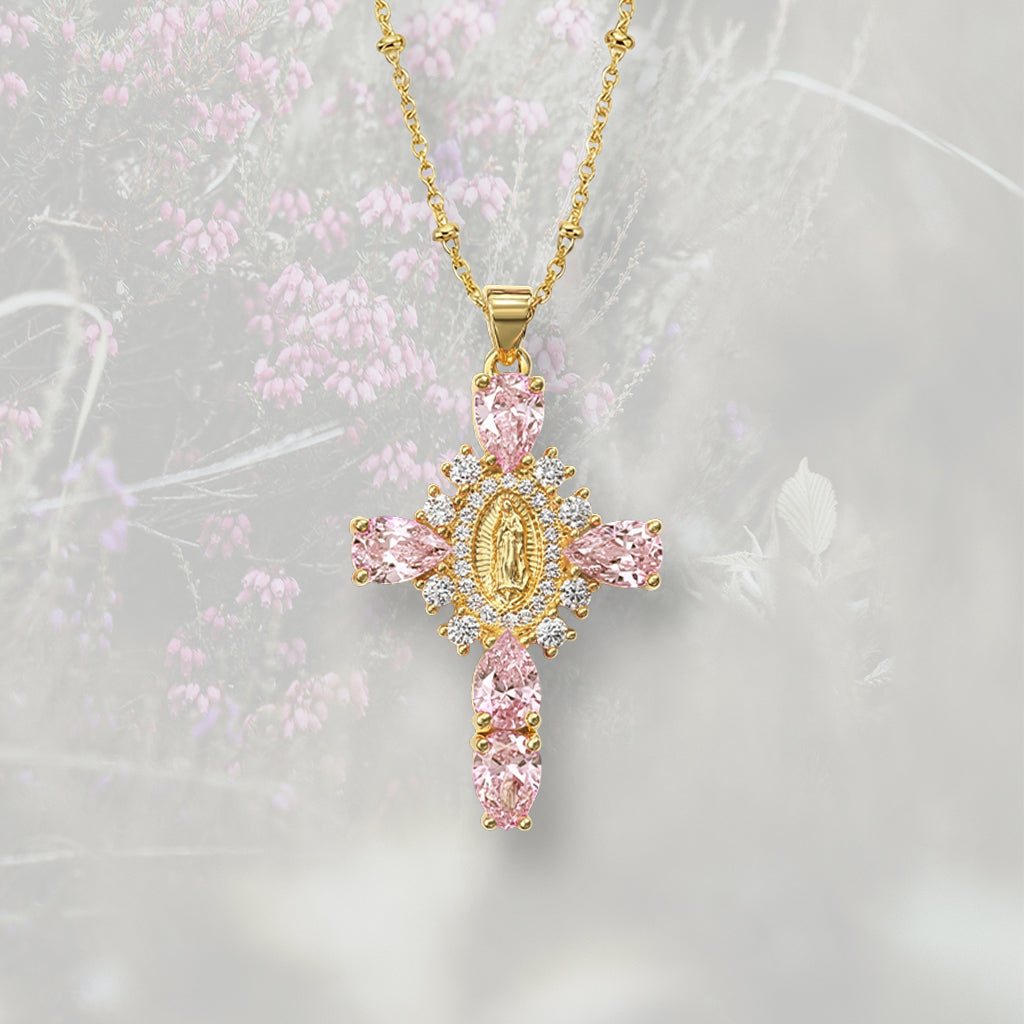 Collana con Croce pendente misura media, con Zirconia Cubica colorata placcata in oro 18k