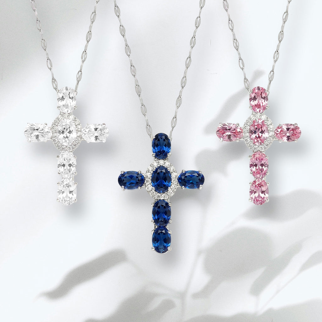 Collana con Croce con Zirconia Cubica taglio ovale placcato platino