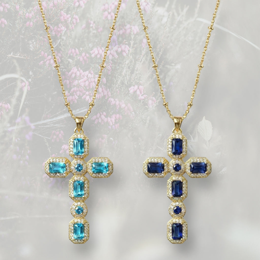 Collana con Croce colorata pendente grande, con Zirconia Cubica placcata in oro 18k