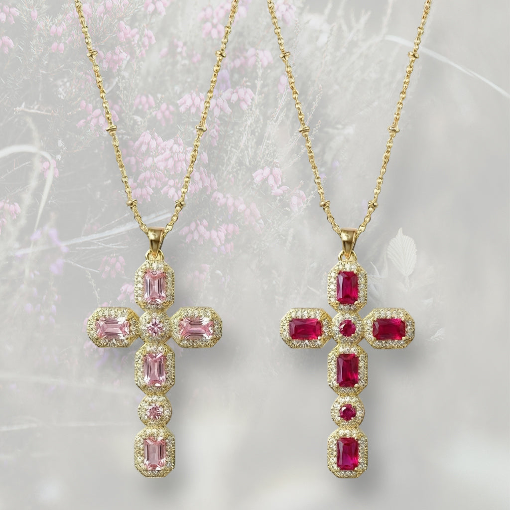 Collana con Croce colorata pendente grande, con Zirconia Cubica placcata in oro 18k